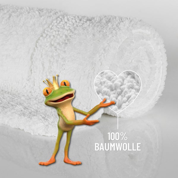 Zusammengerolltes Handtuch aus 100 Prozent Baumwolle mit Frosch Logo und Detailaufnahme der weichen Materialstruktur.