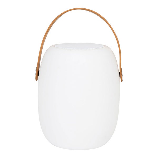 Cardiff Outdoor Lampe LED mit Lederriemen, Bluetooth Lautsprecher, wiederaufladbar weiß. 18 X 18 X 21 cm