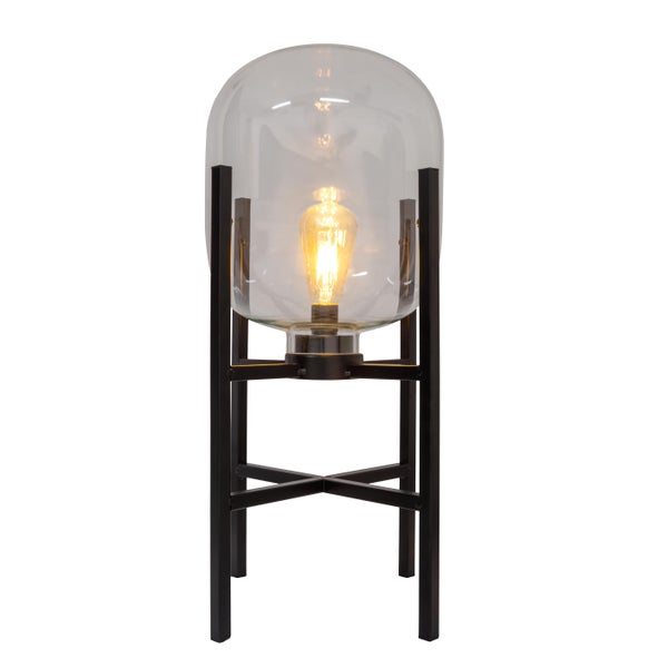 Tischleuchte mit einem Lampenschirm aus Glas und einem Metallfuß
