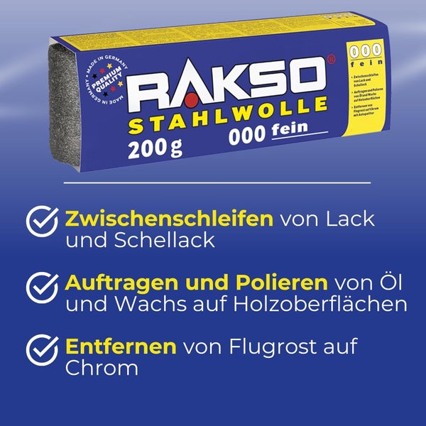 Rakso Stahlwolle 000 fein 200 Gramm zum Zwischenschleifen von Lack und Schellack, Polieren von Holz und Entfernen von Flugrost. Rakso Logo.
