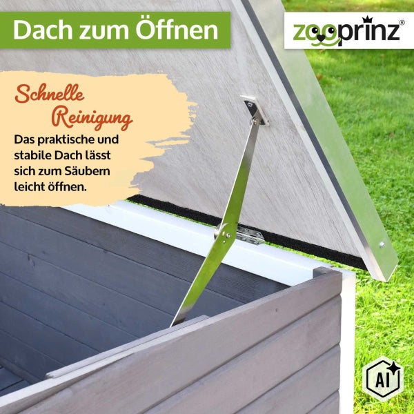 Zooprinz Kleintierstall mit aufklappbarem Dach für eine einfache Reinigung und einen schnellen Zugang zum Innenraum.