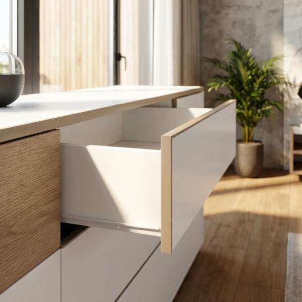 Detailansicht eines Schranks mit offener Schublade in einem hellen Raum.