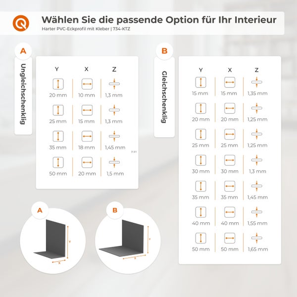 Information zur Auswahl eines harten PVC-Eckprofils mit Kleber für den Innenbereich mit verschiedenen Schenkelmaßen