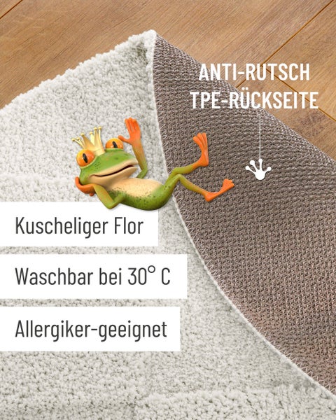 Nahaufnahme eines maschinengetufteten Teppichs mit den Eigenschaften robust, pflegeleicht und geprüfte Top-Qualität sowie einer Froschfigur.