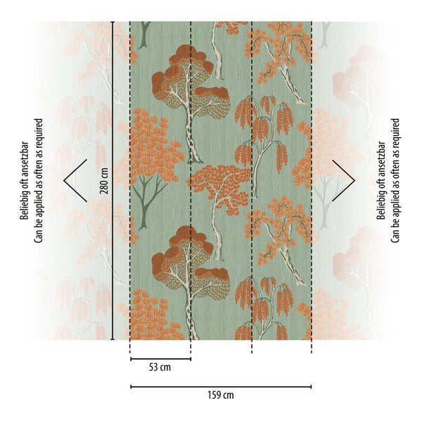 Tapete mit Baummuster, drei Bahnen mit je 53 Zentimeter Breite, Gesamtbreite 159 Zentimeter, Gesamthöhe 280 Zentimeter, beliebig oft ansetzbar.