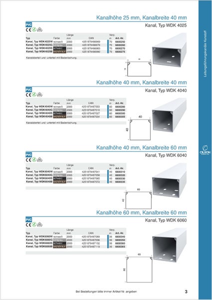 Kabelkanalübersicht mit Kanalabmessungen und Typ WDK