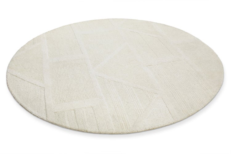 Runder Teppich in Creme mit geometrischem Muster und Hoch-Tief-Struktur.