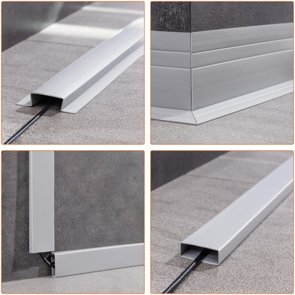 Vier Bilder von Aluminiumkabelkanälen und Sockelleisten zur Montage an Boden und Wand zur sauberen Kabelführung in Wohnräumen.
