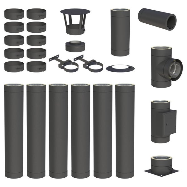 Doppelwandiges Schornstein-Set in Schwarz mit Rohren, T-Stück, Regenhaube, Wandhaltern und Klemmbändern.