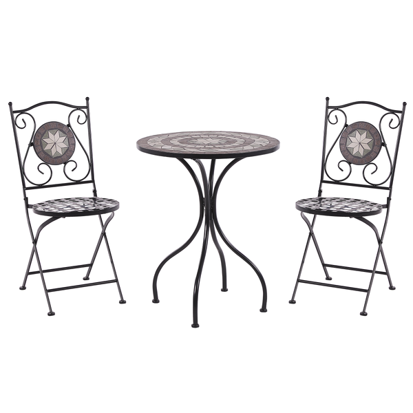 Gartengarnitur mit Mosaiktisch und zwei Mosaikstühlen