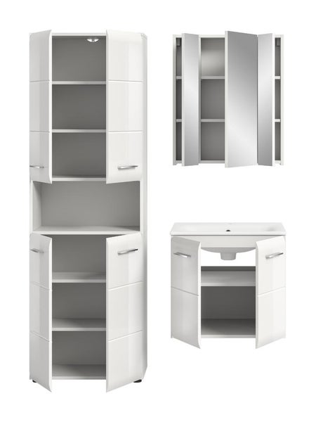 Weißes Badezimmermöbel Set mit Hochschrank, Spiegelschrank und Waschbeckenunterschrank inklusive Waschbecken und silbernen Griffen.