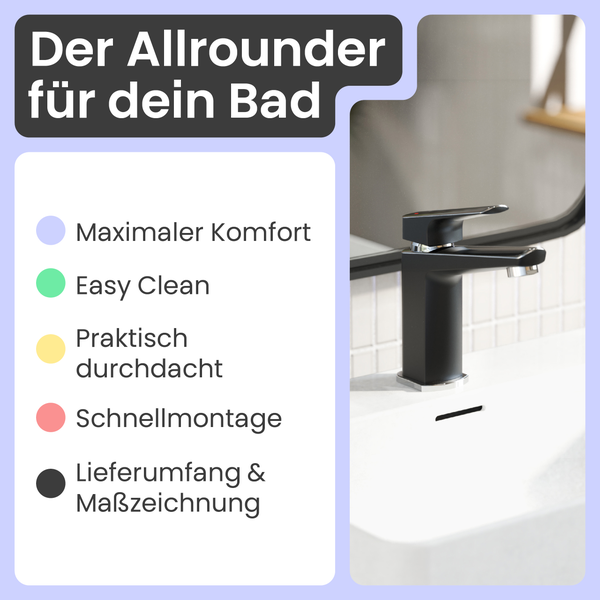 Waschtischarmatur in einem Badezimmer mit Hinweisen zu Komfort, Reinigung, Montage und Lieferumfang