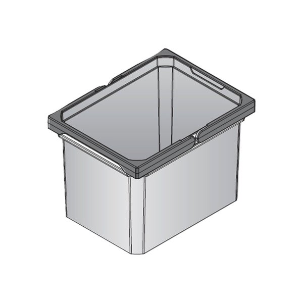Rechteckige graue Aufbewahrungsbox aus Kunststoff mit dunklem Rand.