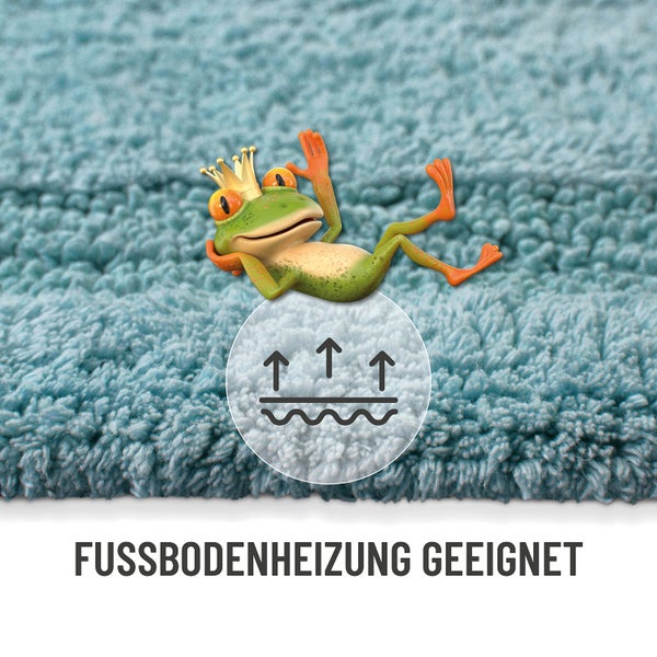 Badteppich mit Froschmotiv und Symbol für Fußbodenheizung geeignet.