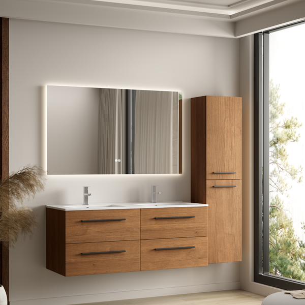 Modernes Badezimmermöbel Set in Holzoptik mit Doppelwaschtisch, Unterschrank, großem LED Spiegel und Hochschrank in hellem Badezimmer