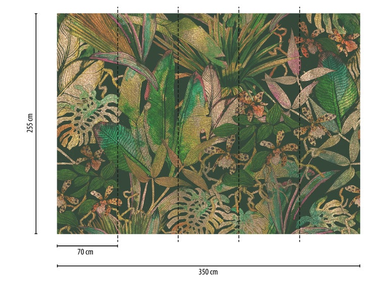 Fototapete mit tropischem Dschungel-Motiv aus Blättern und Orchideen, 5 Bahnen, Maße 350 mal 255 Zentimeter.