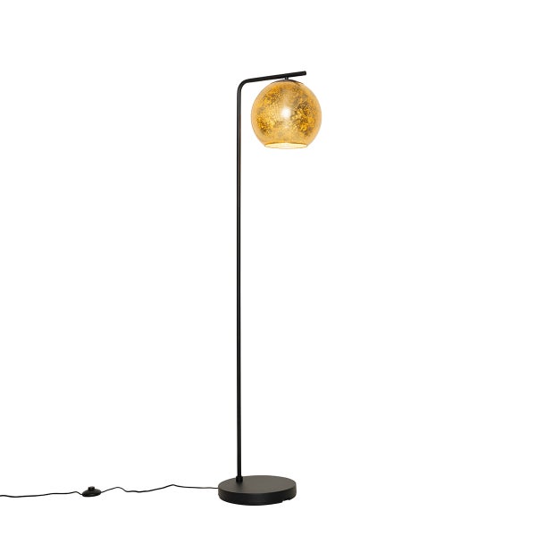 QAZQA - Design Design-Stehleuchte I Stehlampe I Standleuchte I Lampe I Leuchte schwarz mit Gold I Messingenem Glas - Bert I Wohnzimmer I Schlafzimmer - Länglich - LED geeignet E27