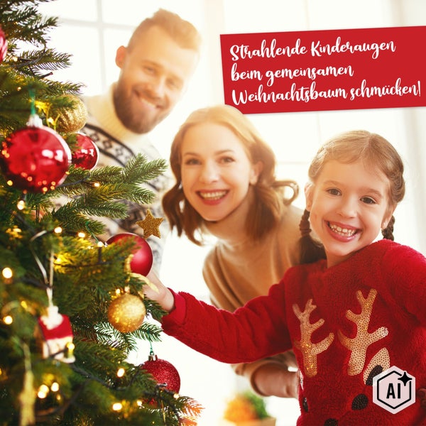 Familie schmückt gemeinsam einen Weihnachtsbaum in einer gemütlichen Innenraumatmosphäre