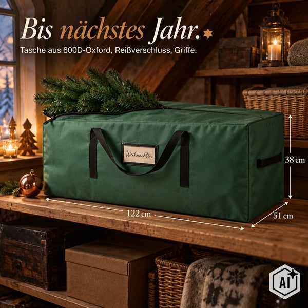 Weihnachtsbaumtasche aus 600D Oxford Gewebe mit Reißverschluss und Griffen, Maße 122 mal 51 mal 38 Zentimeter zur Aufbewahrung von Kunstbäumen.