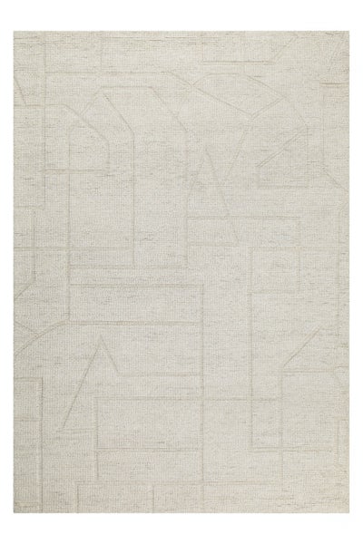 Moderner Teppich mit abstraktem geometrischem Linienmuster und strukturierter Oberfläche.