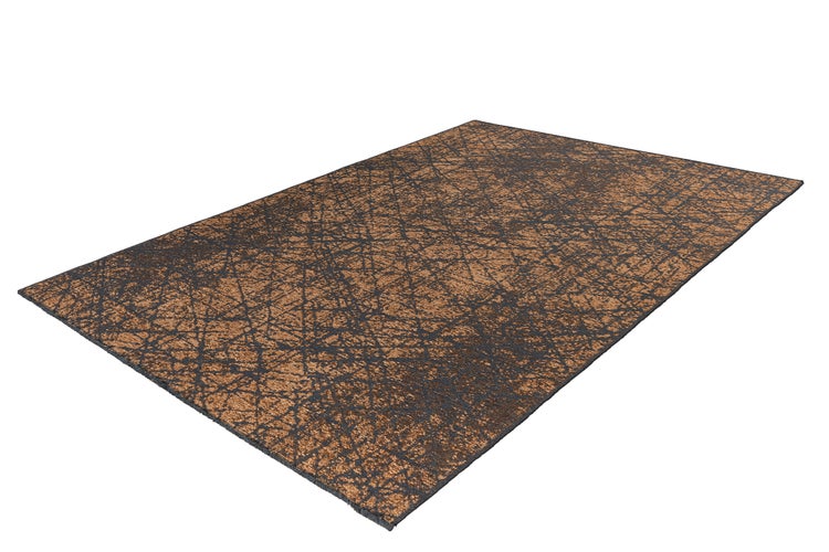 Rechteckiger Teppich mit abstraktem Linienmuster in Braun und Dunkelgrau.