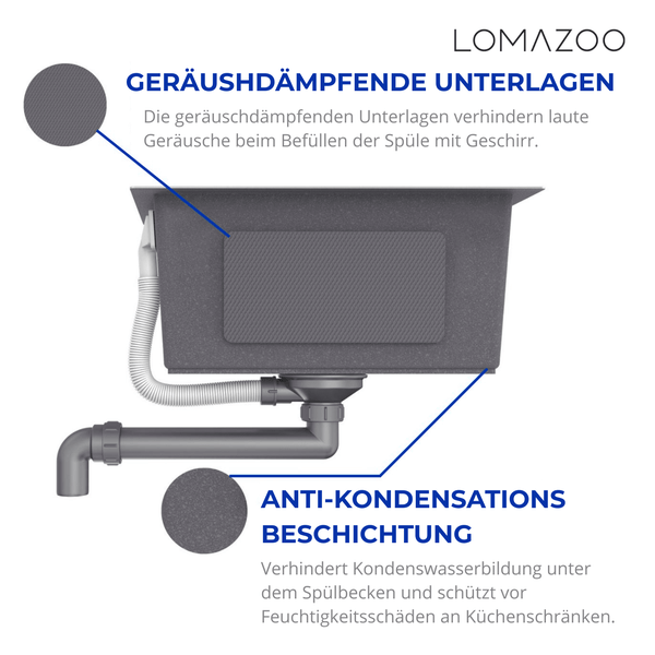 Lomazoo Spülbecken mit geräuschdämpfender Unterlage und Anti-Kondensations-Beschichtung für den Einbau in Küchen