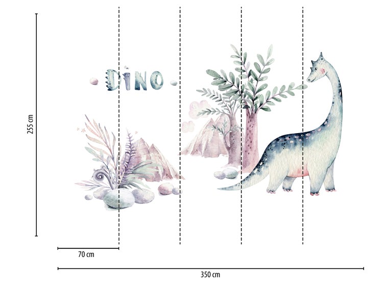 Fototapete für das Kinderzimmer mit Dinosaurier, Bergen und Bäumen im Aquarell-Stil, 350 mal 255 Zentimeter.