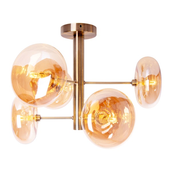 Deckenleuchte ORION Ø ca. 53 cm amber, aus messingfarbenem Metall und Glas in amber, G9-Sockel, Beleuchtung für Wohnzimmer, Esszimmer oder Büro.