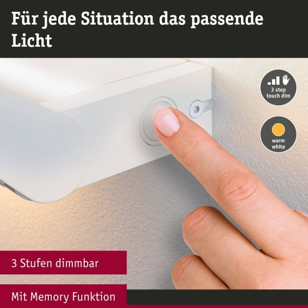 Hand bedient Touch Schalter an einer dimmbaren Leuchte mit 3 Stufen und Memory Funktion fuer warmweisses Licht
