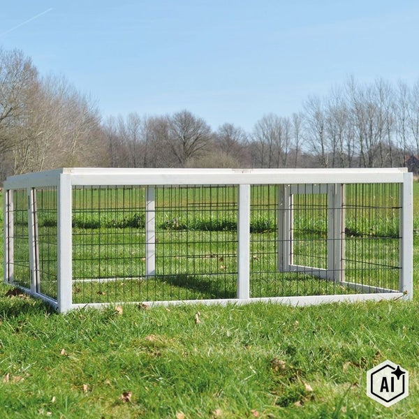 Freigehege für Kleintiere aus Holz mit Drahtgitter auf einer Wiese