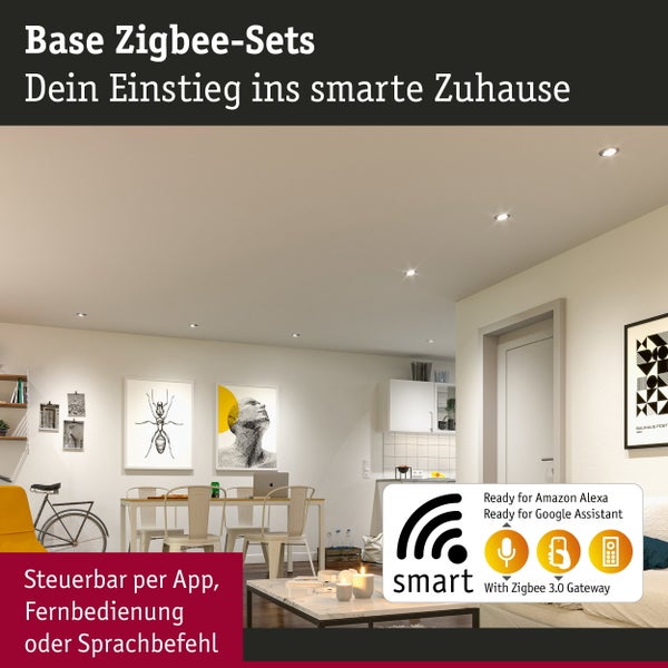 Einbaustrahler Set bestehend aus drei schwenkbaren Einbauleuchten mit Zigbee Steuerung und technischen Maßangaben zur Montage.