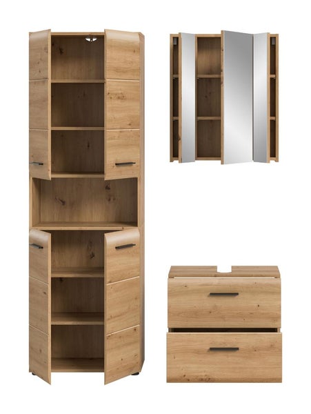 Dreiteiliges Badezimmermöbel-Set in Holzoptik mit Hochschrank, Spiegelschrank und Waschbeckenunterschrank sowie schwarzen Griffen.