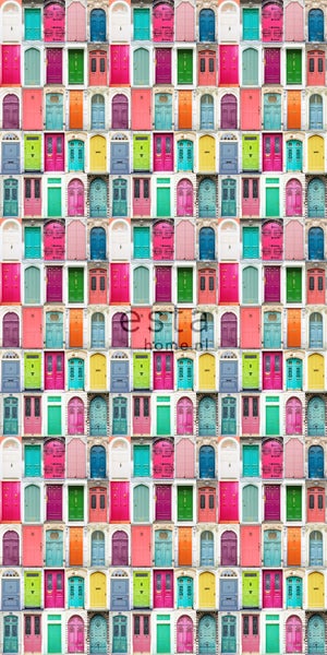 ESTAhome XXL-Vliestapete farbige Türen Rosa, Türkis, Orange, Gelb und Lila - 50 x 900 cm - 158607