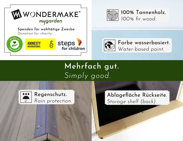 Infografik Wondermake mygarden: 100 Prozent Tannenholz, wasserbasierte Farbe, Regenschutz, SOS-Kinderdorf Logo und Amnesty International Logo.