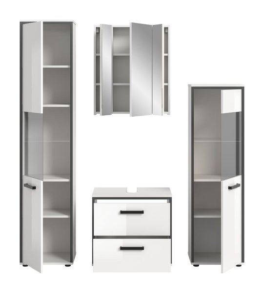 Badezimmermöbel-Set bestehend aus Hochschrank, Spiegelschrank, Waschbeckenunterschrank und Midischrank mit Glaselementen und Auszügen.