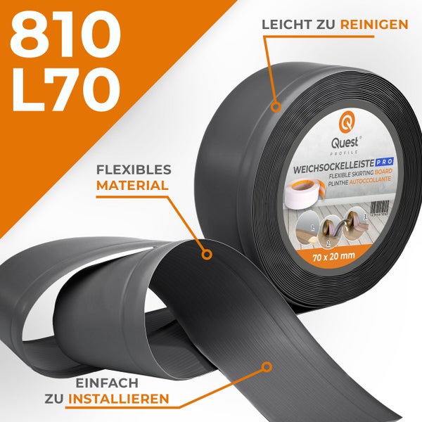 Quest Weichsockelleiste, Breite Sockelleiste 70 x 20 mm, PVC Knickleiste für Wand, Boden, Flexibel, Dunkelgrau, 1 Meter