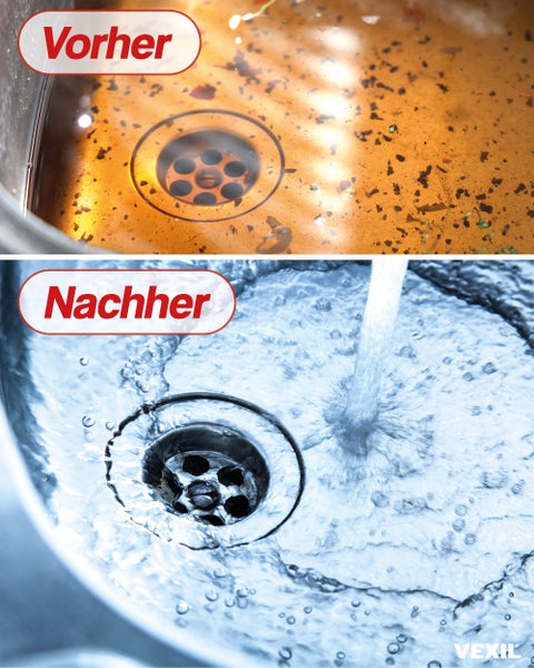 Vorher Nachher Vergleich einer verstopften Spüle im Vergleich zu einer sauberen und abfließenden Spüle nach der Anwendung eines Rohrreinigers.