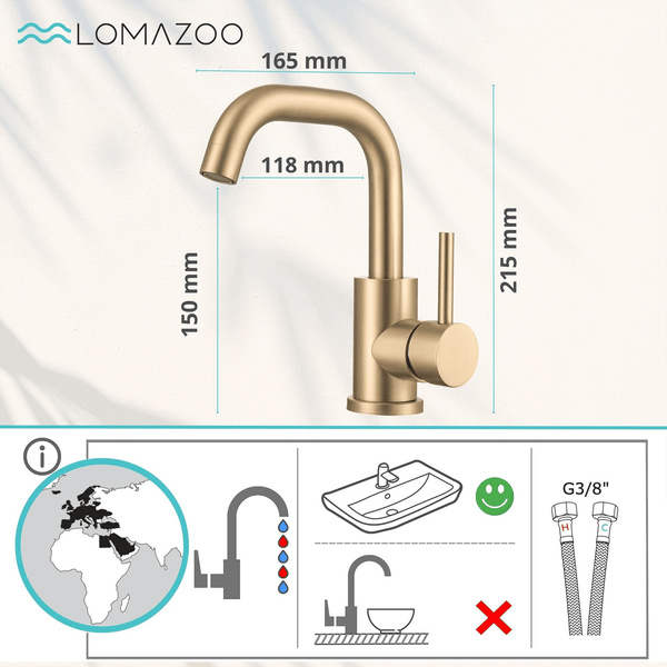 Lomazoo Waschtischarmatur mit Maßangaben und Installationshinweisen