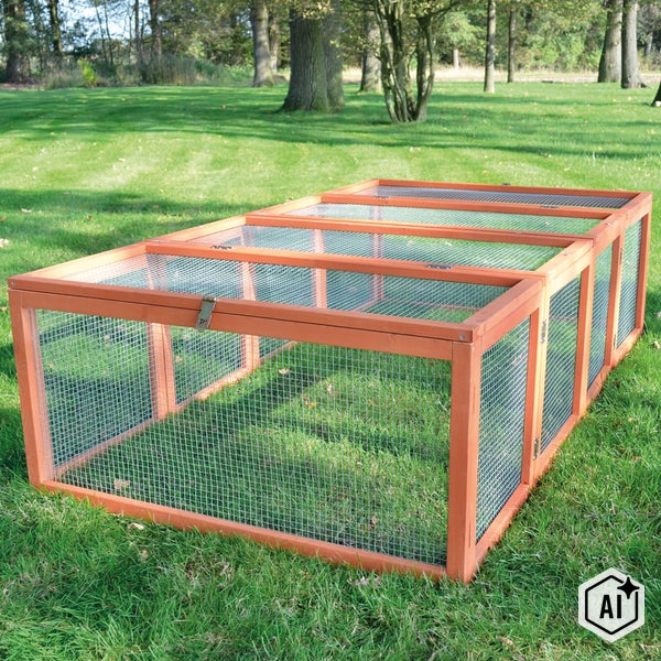 Freigehege für Kleintiere aus Holz mit Drahtgitter auf einer Wiese