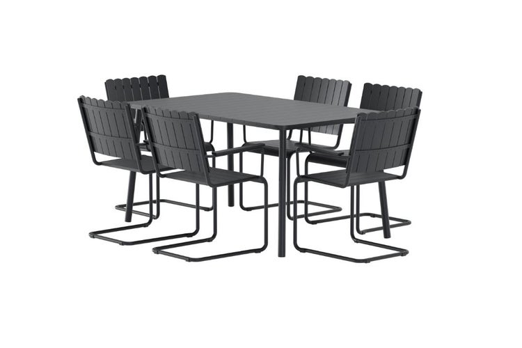 Gartenmöbel-Set aus Metall bestehend aus einem rechteckigen Lamellentisch und vier Freischwinger-Stühlen in Anthrazit.
