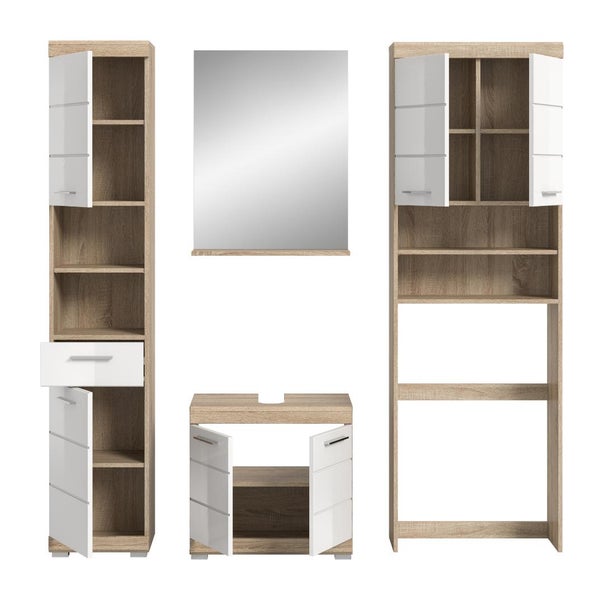 Badezimmer-Möbelset in Eiche-Optik und Weiß bestehend aus Hochschrank, Spiegel, Waschbeckenunterschrank und Überbauschrank.