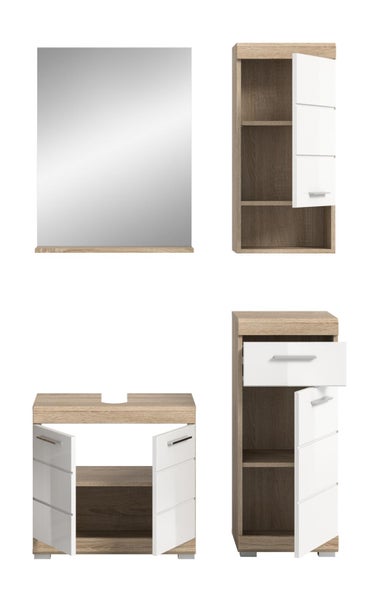 Vierteiliges Badezimmermöbel-Set in Eichenoptik mit weißen Hochglanzfronten, bestehend aus Spiegel, Hängeschrank, Waschbeckenunterschrank und Seitenschrank.