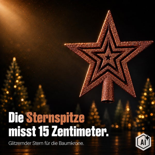 Glitzernde Weihnachtsbaumspitze in Sternform, 15 Zentimeter groß, für die Dekoration der Baumkrone.