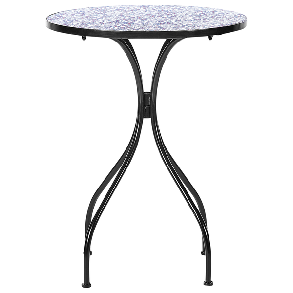 Runder Gartentisch mit Mosaikmuster auf der Tischplatte und Metallgestell
