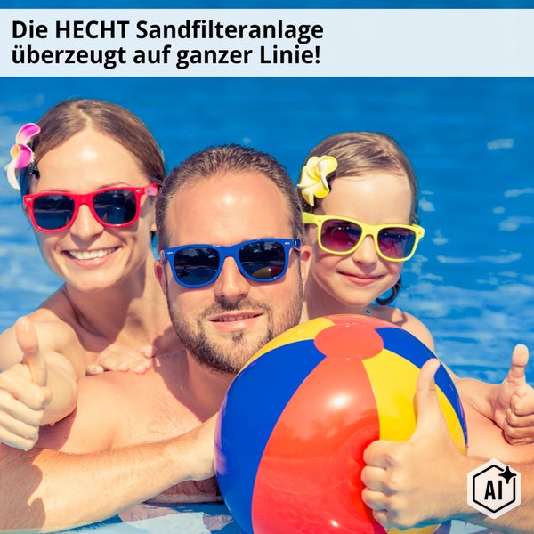 Familie mit Sonnenbrillen und Wasserball im Swimmingpool zeigt Daumen hoch fuer die Hecht Sandfilteranlage
