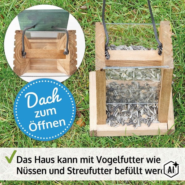 Vogelhaus aus Holz mit Dach zum Öffnen und transparentem Futterbehälter zum Befüllen mit Vogelfutter, Nüssen oder Streufutter für den Garten.