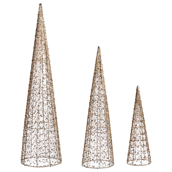 Drei dekorative Weihnachtsbäume in Kegelform mit Pailletten