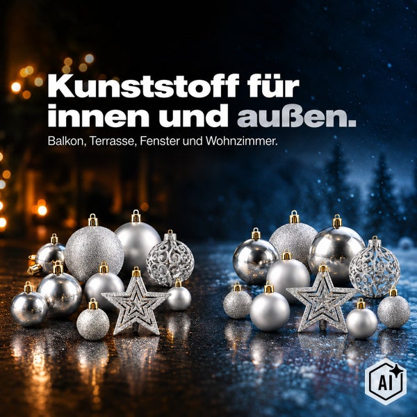 Weihnachtsdekoration aus Kunststoff in verschiedenen Formen und Oberflächenstrukturen zur Verwendung im Innen und Außenbereich.