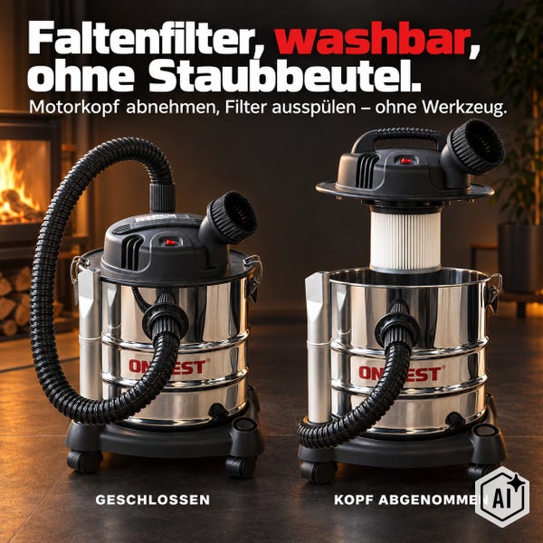 Aschesauger ONBEST AC1220 – Kaminsauger 1200 W, 20 l Edelstahlbehälter, 20 kPa, waschbarer Faltenfilter