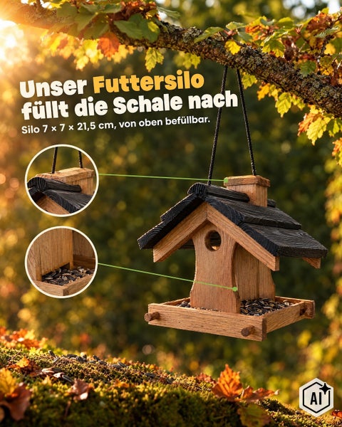 Holz Futtersilo für Vögel mit 7 mal 7 mal 21,5 Zentimeter, von oben befüllbar mit integrierter Futterstation für den Garten.